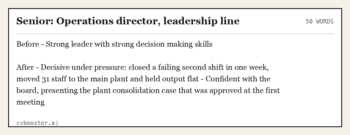 Complete Senior: Operations director, leadership line example, 50 words, laid out as it would sit in the application form