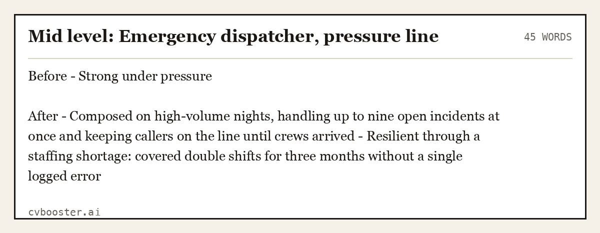 Complete Mid level: Emergency dispatcher, pressure line example, 45 words, laid out as it would sit in the application form