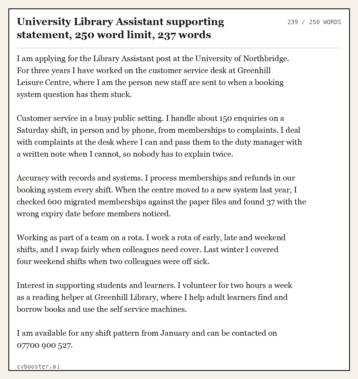 Complete University Library Assistant supporting statement, 250 word limit example, 239 words, laid out as it would sit in the application form