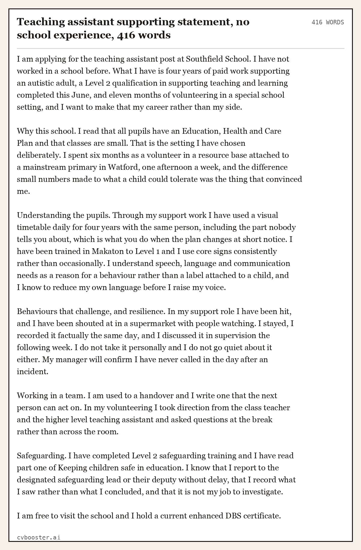 Complete Teaching assistant supporting statement, no school experience example, 416 words, laid out as it would sit in the application form