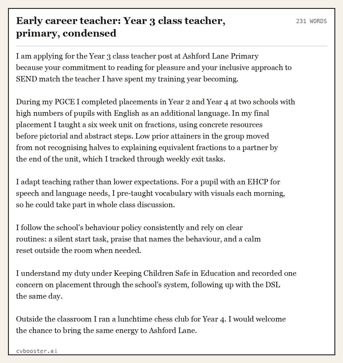 Complete Early career teacher: Year 3 class teacher, primary sample personal statement, 231 words, laid out as it would sit in the application form