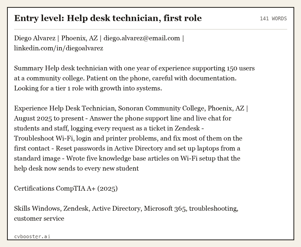 Complete Entry level: Help desk technician, first role example, 141 words, laid out as it would sit in the application form
