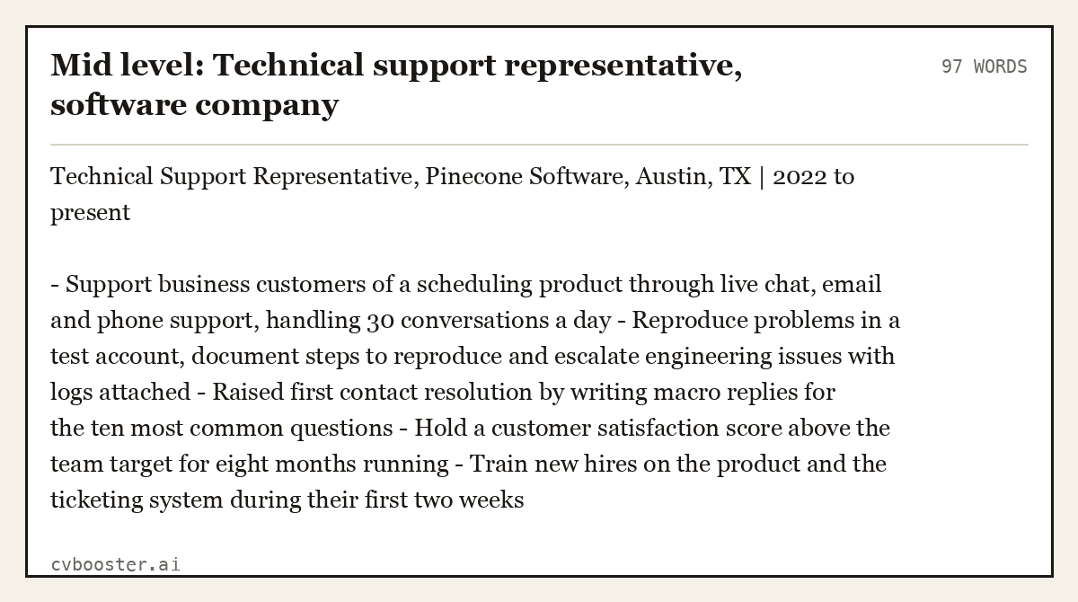 Mid level: Technical support representative, software company, complete example, 97 words