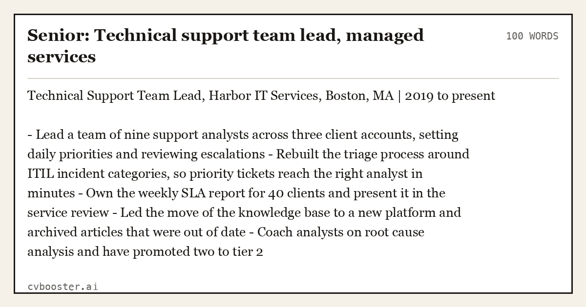 Senior: Technical support team lead, managed services, complete example, 100 words