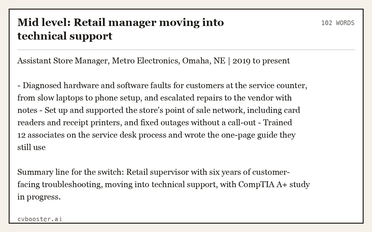 Mid level: Retail manager moving into technical support, complete example, 102 words
