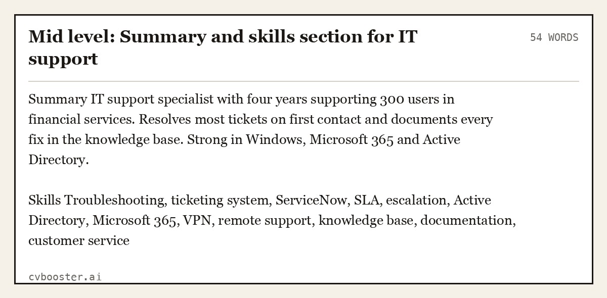 Mid level: Summary and skills section for IT support, complete example, 54 words