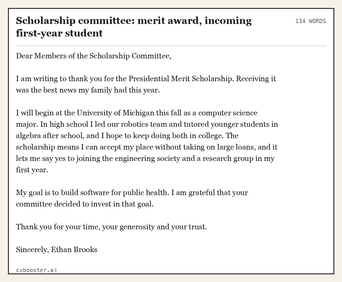 Scholarship committee: merit award, incoming first-year student, complete example, 134 words