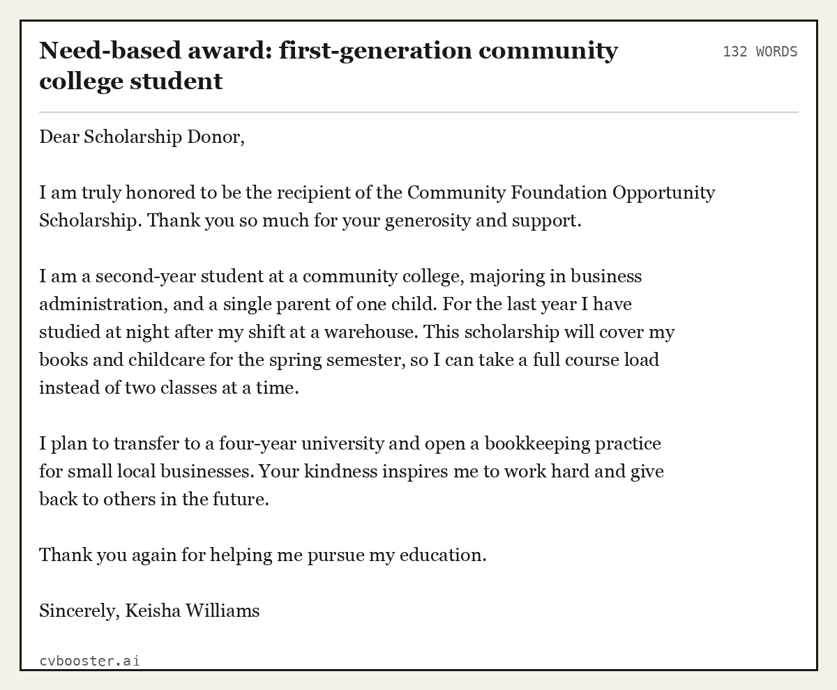 Need-based award: first-generation community college student, complete example, 132 words