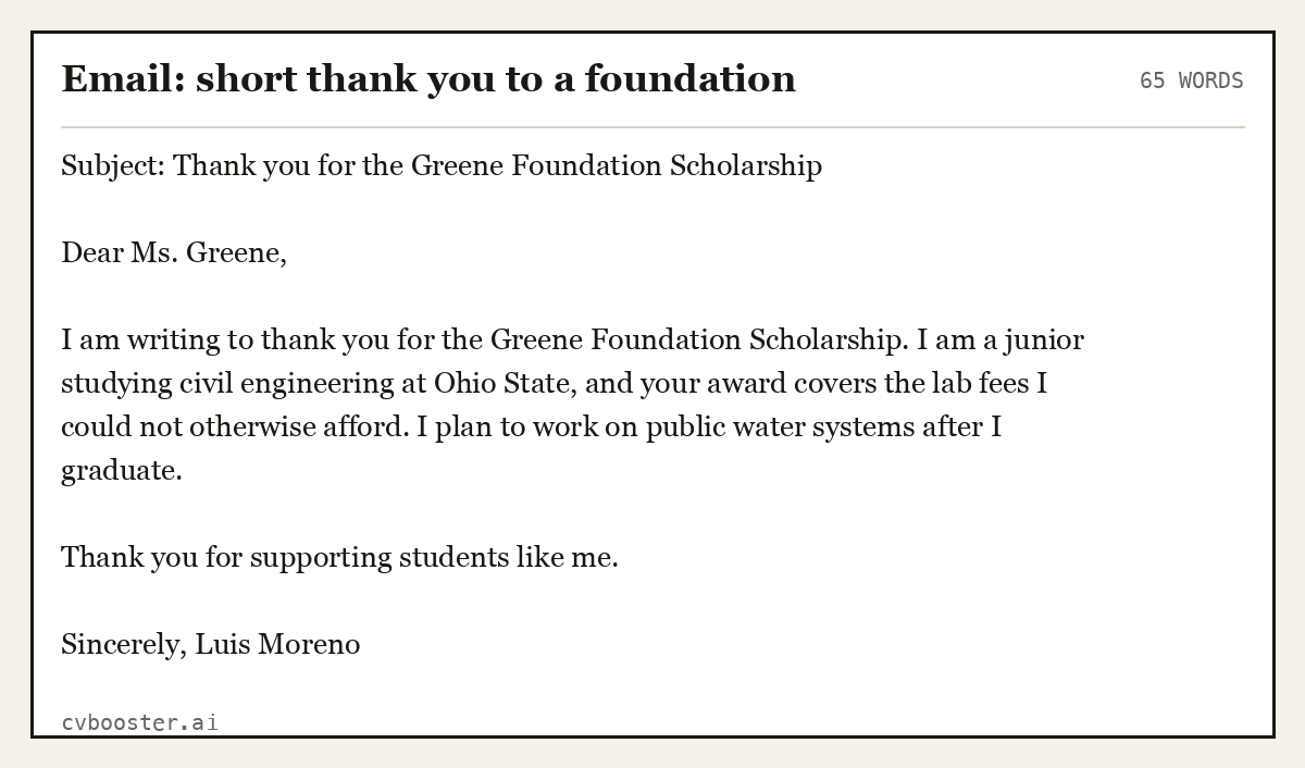 Complete Email: short thank you to a foundation example, 65 words, laid out as it would sit in the application form