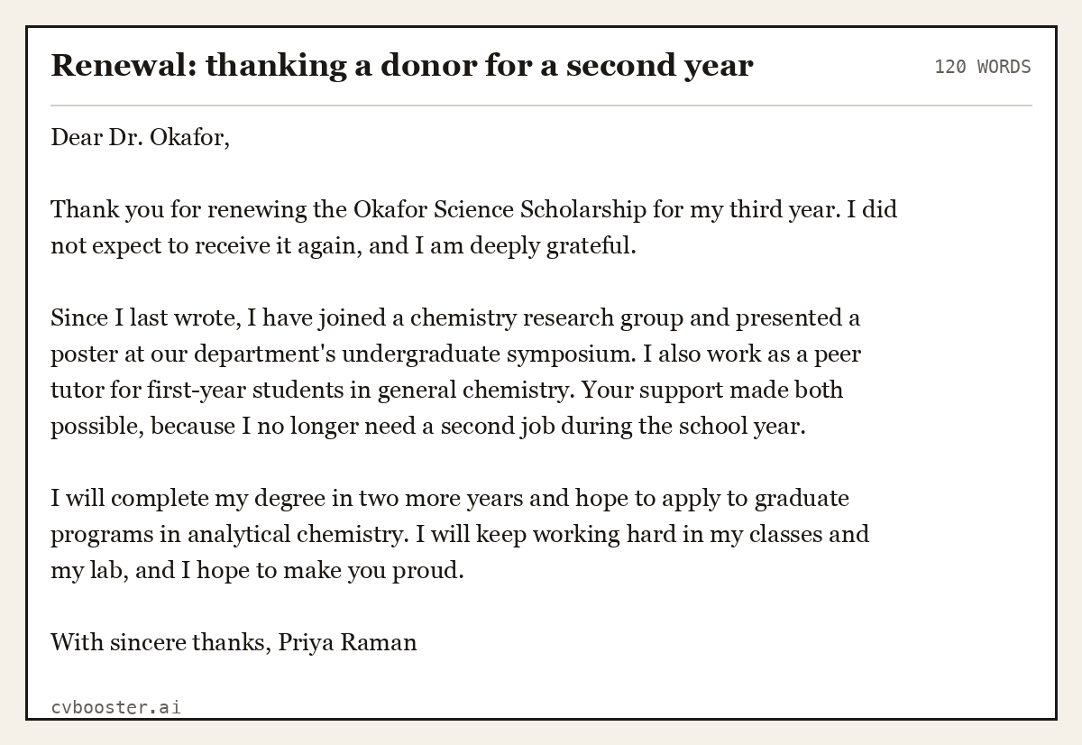 Complete Renewal: thanking a donor for a second year example, 120 words, laid out as it would sit in the application form