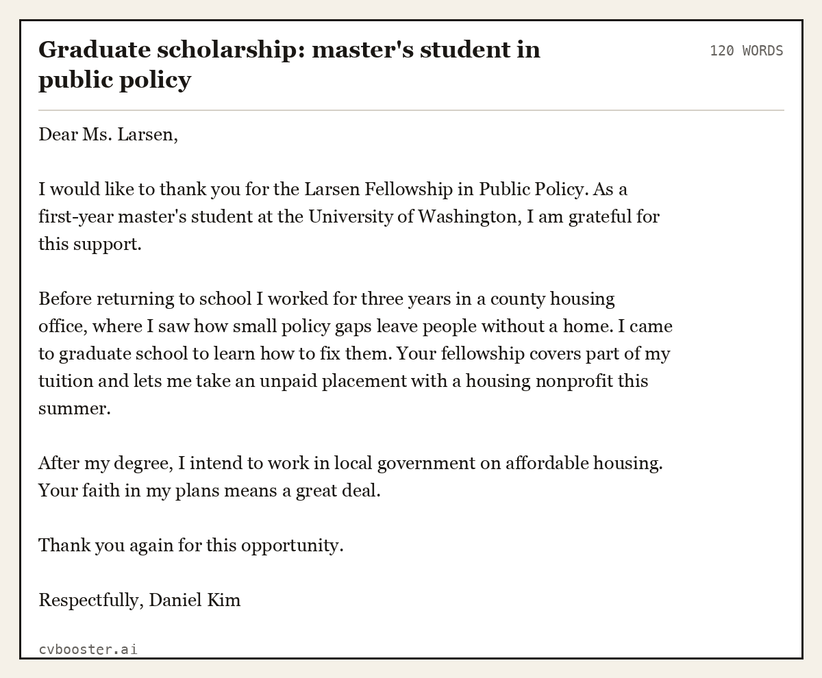 Graduate scholarship: master's student in public policy, complete example, 120 words
