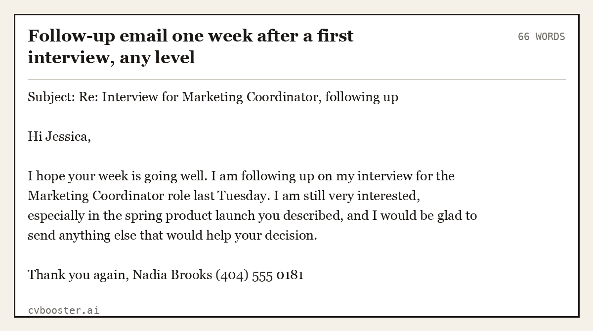 Complete Follow-up email one week after a first interview, any level example, 66 words, laid out as it would sit in the application form