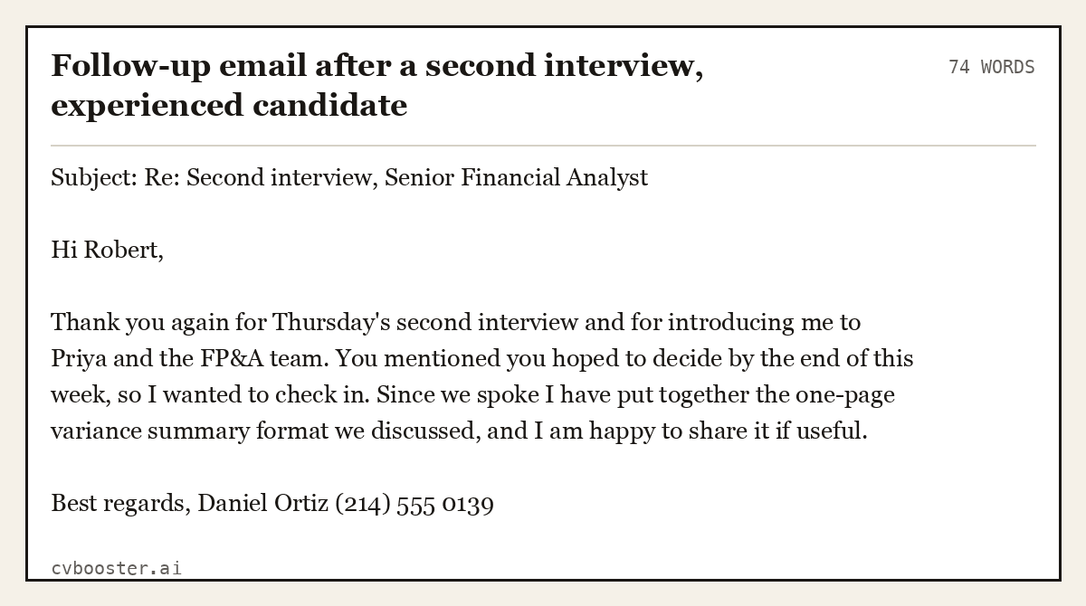Complete Follow-up email after a second interview, experienced candidate example, 74 words, laid out as it would sit in the application form