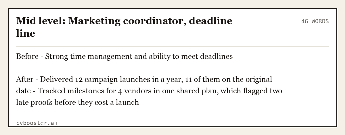 Complete Mid level: Marketing coordinator, deadline line example, 46 words, laid out as it would sit in the application form