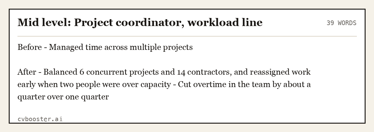Complete Mid level: Project coordinator, workload line example, 39 words, laid out as it would sit in the application form