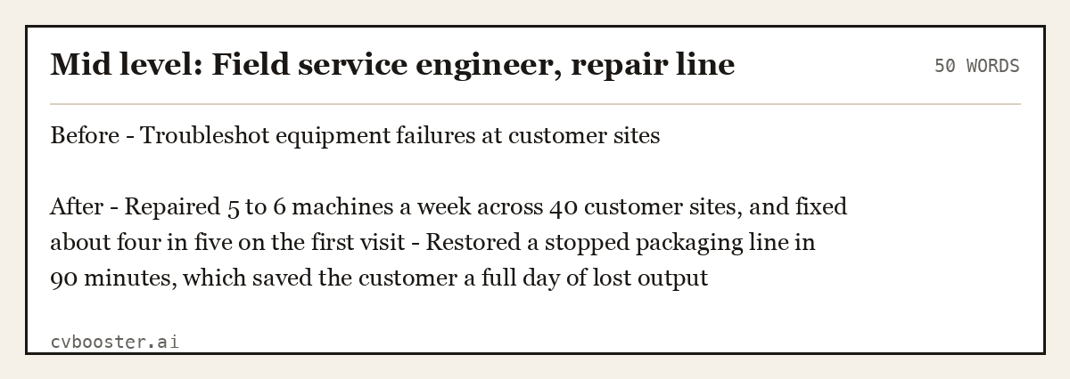 Complete Mid level: Field service engineer, repair line example, 50 words, laid out as it would sit in the application form