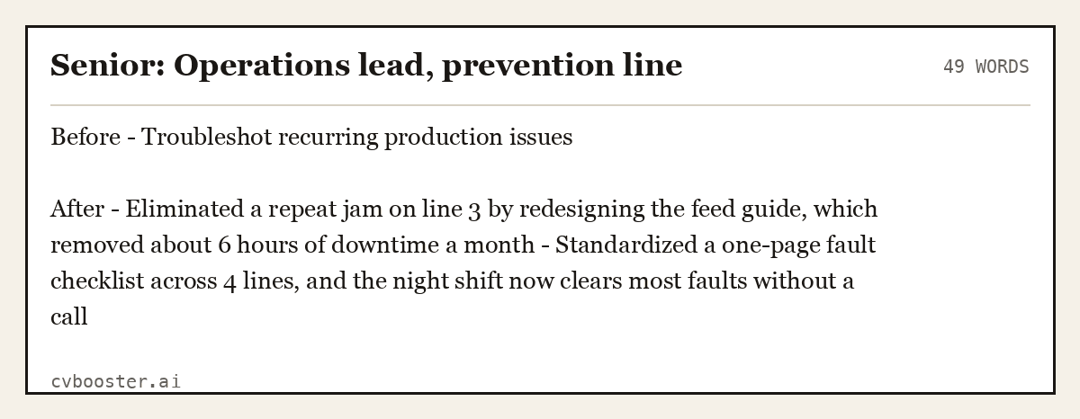 Complete Senior: Operations lead, prevention line example, 49 words, laid out as it would sit in the application form