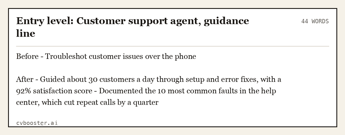 Entry level: Customer support agent, guidance line, complete example, 44 words