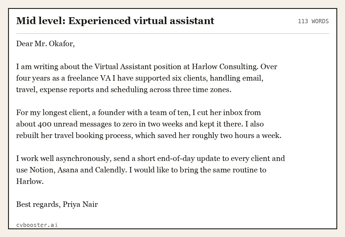 Complete Mid level: Experienced virtual assistant example, 113 words, laid out as it would sit in the application form