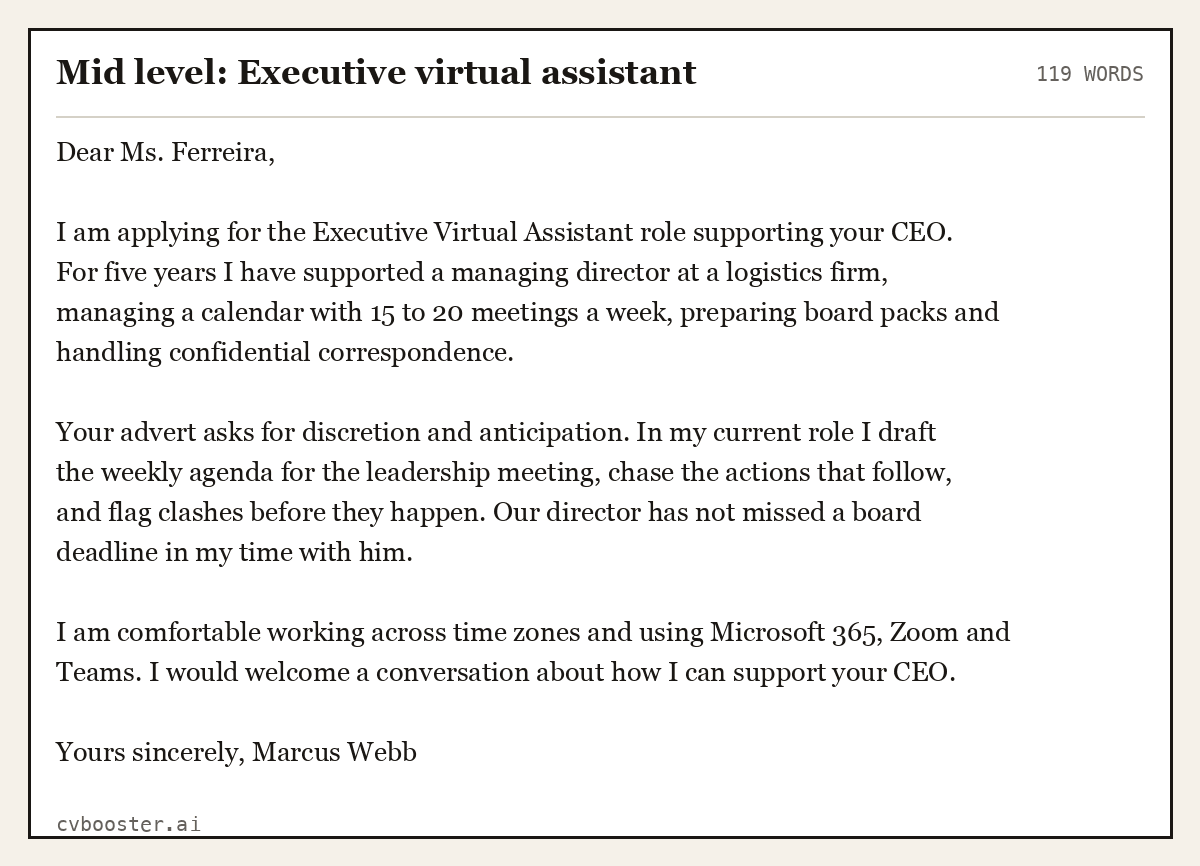Complete Mid level: Executive virtual assistant example, 119 words, laid out as it would sit in the application form