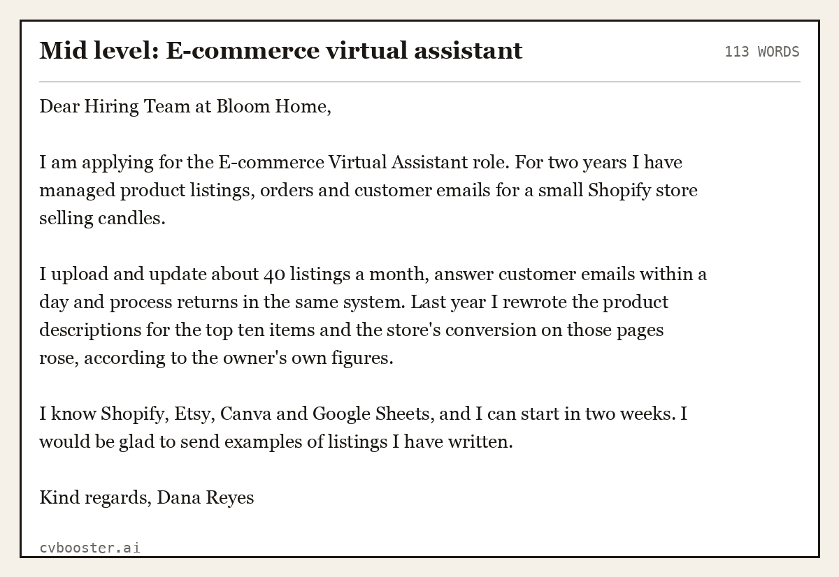 Complete Mid level: E-commerce virtual assistant example, 113 words, laid out as it would sit in the application form
