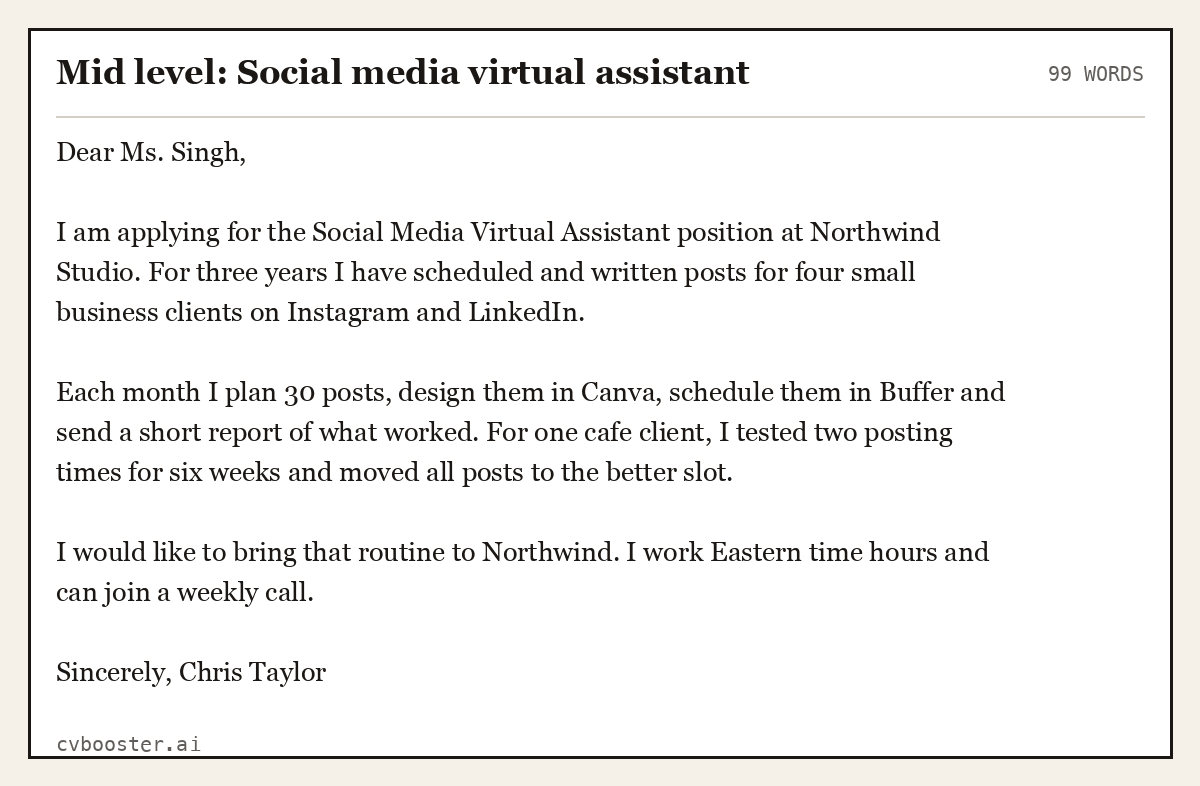 Complete Mid level: Social media virtual assistant example, 99 words, laid out as it would sit in the application form