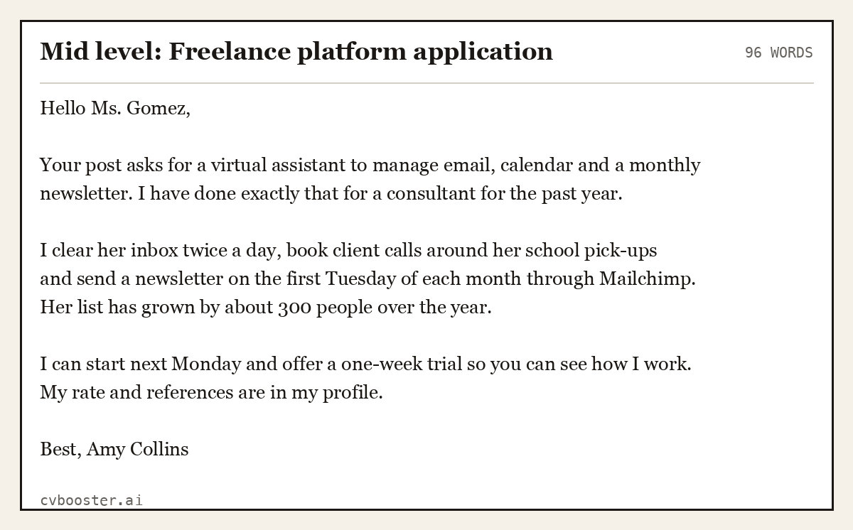 Complete Mid level: Freelance platform application example, 96 words, laid out as it would sit in the application form