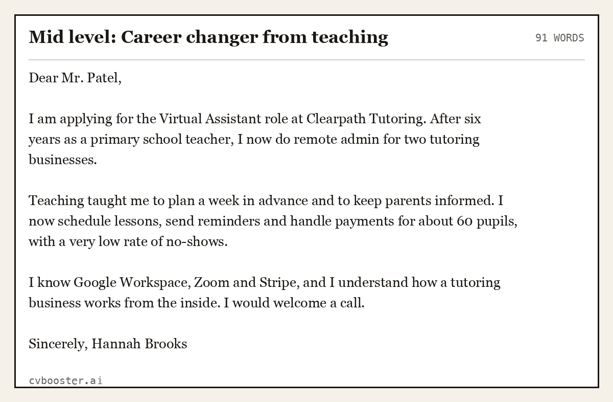 Complete Mid level: Career changer from teaching example, 91 words, laid out as it would sit in the application form