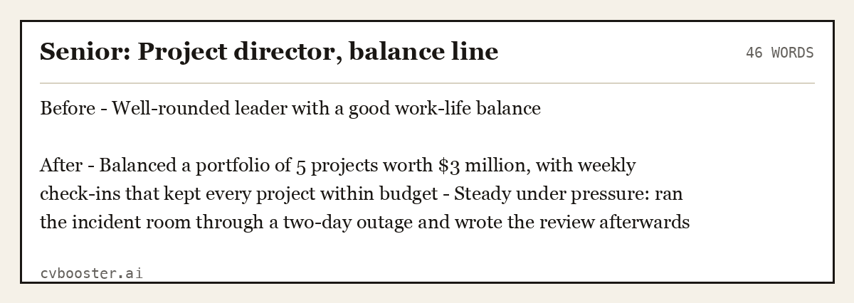 Complete Senior: Project director, balance line example, 46 words, laid out as it would sit in the application form