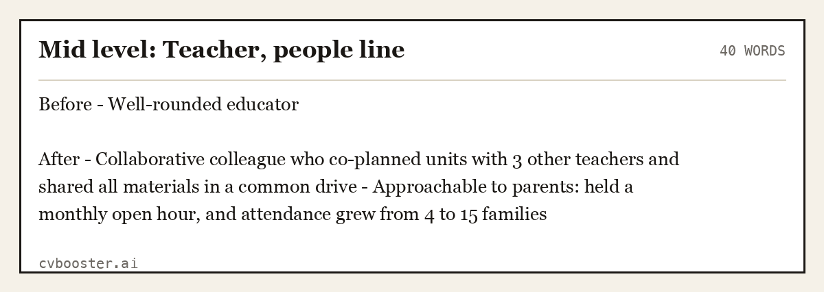 Complete Mid level: Teacher, people line example, 40 words, laid out as it would sit in the application form