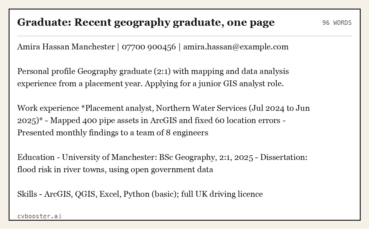Complete Graduate: Recent geography graduate, one page example, 96 words, laid out as it would sit in the application form