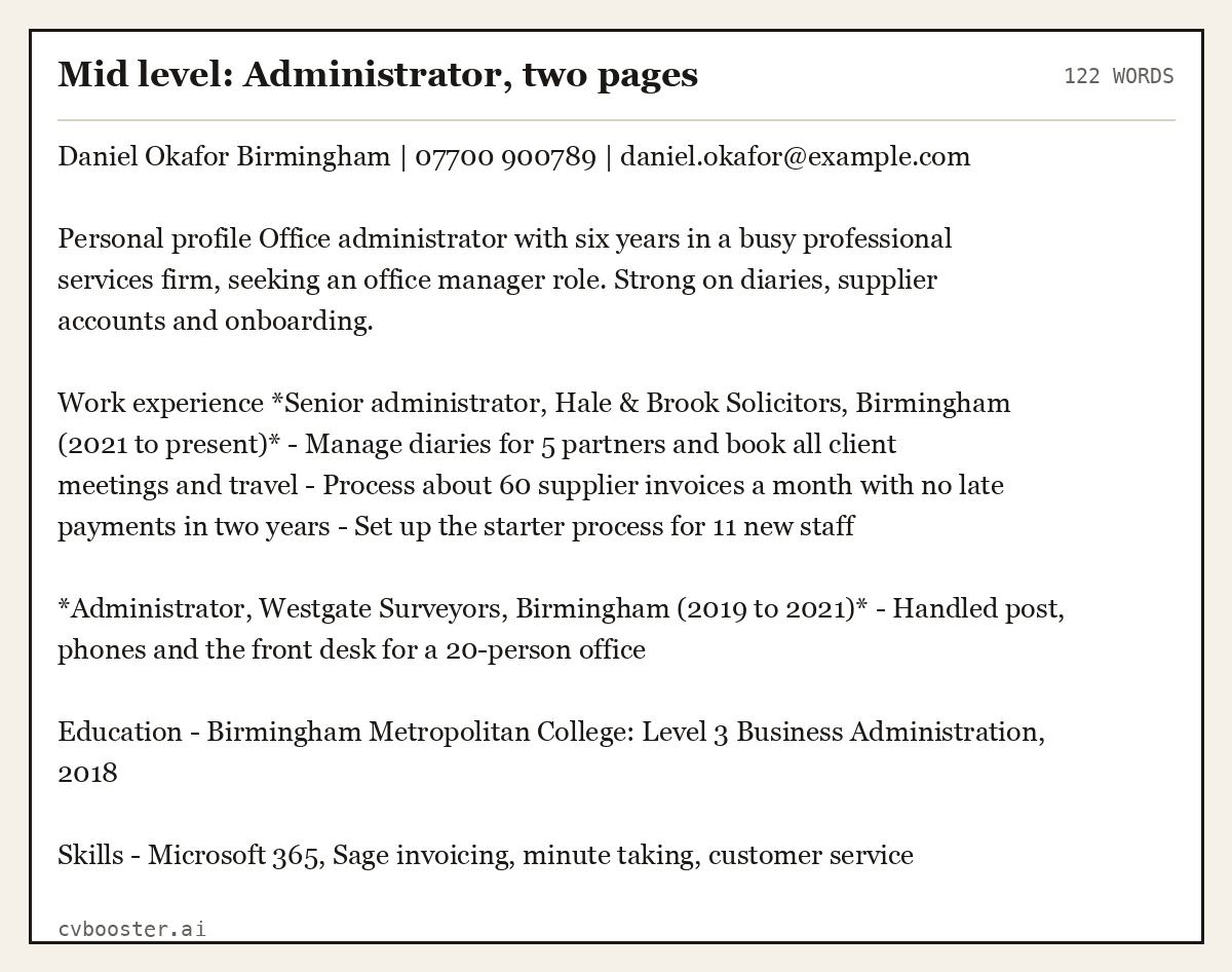 Complete Mid level: Administrator, two pages example, 122 words, laid out as it would sit in the application form