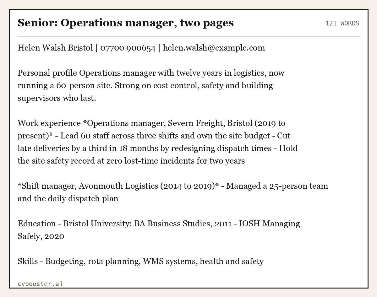 Complete Senior: Operations manager, two pages example, 121 words, laid out as it would sit in the application form