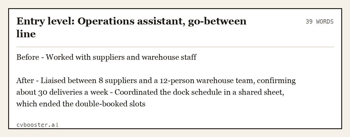 Entry level: Operations assistant, go-between line, complete example, 39 words