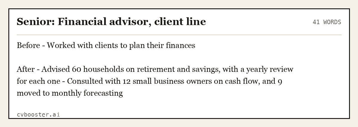 Complete Senior: Financial advisor, client line example, 41 words, laid out as it would sit in the application form