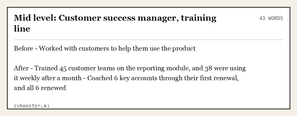 Mid level: Customer success manager, training line, complete example, 43 words