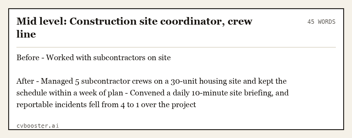 Mid level: Construction site coordinator, crew line, complete example, 45 words