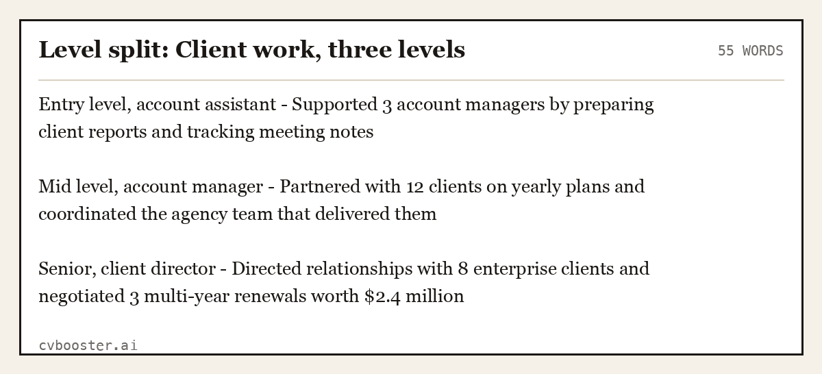 Complete Level split: Client work, three levels example, 55 words, laid out as it would sit in the application form